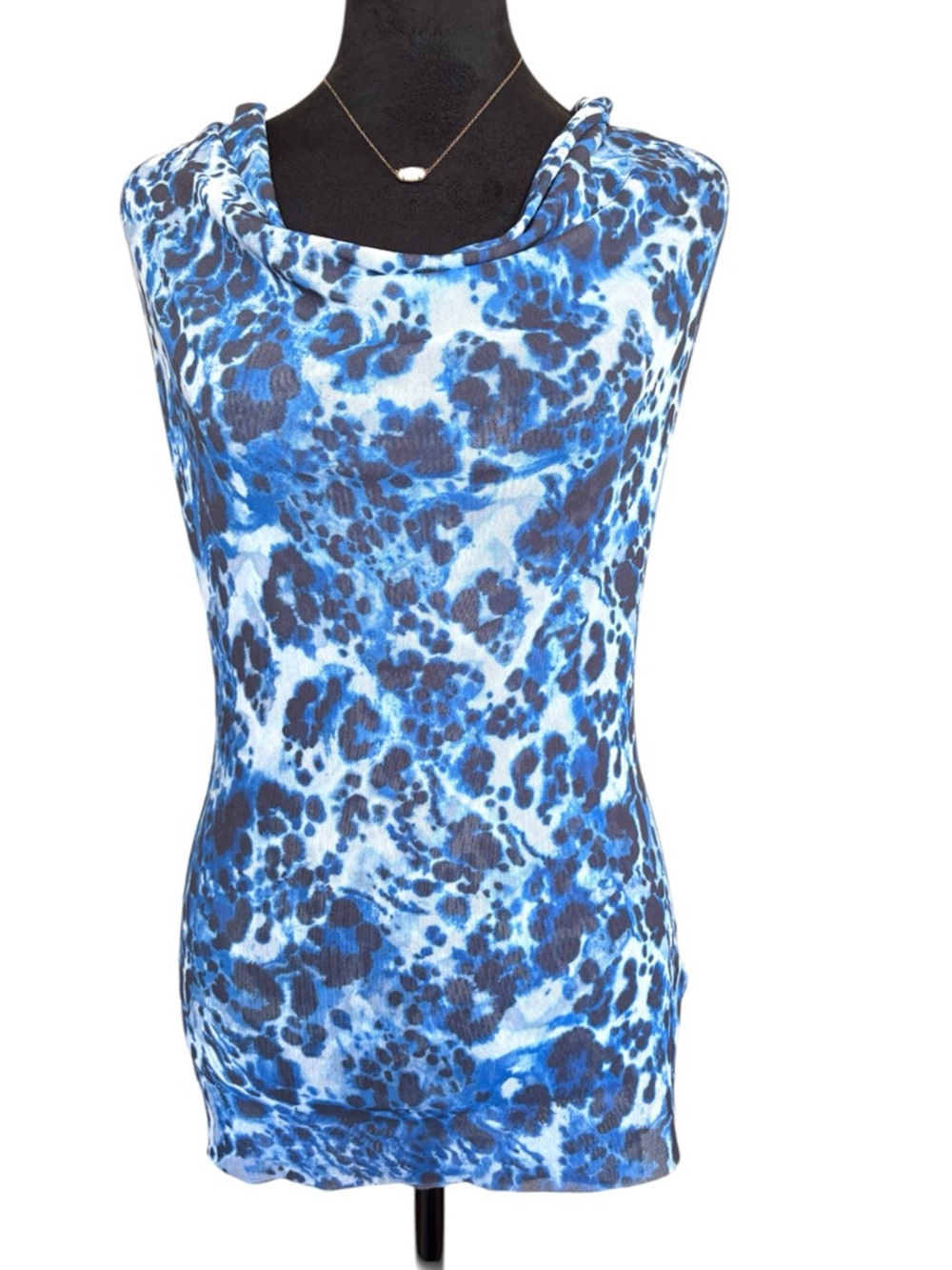 Sweet Pea Medium Blue Cheetah Print Patterned Cowl Neck Tank Top